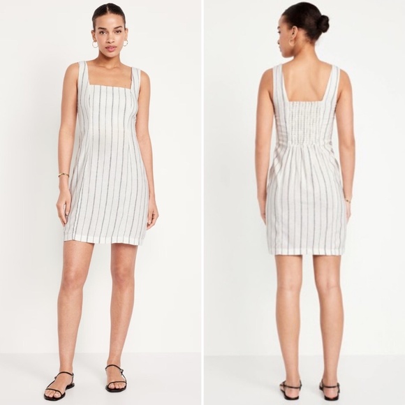 Old Navy Square-Neck Linen-Blend Mini Dress - Neutral Stripe - Large - Breezy! - Picture 1 of 8
